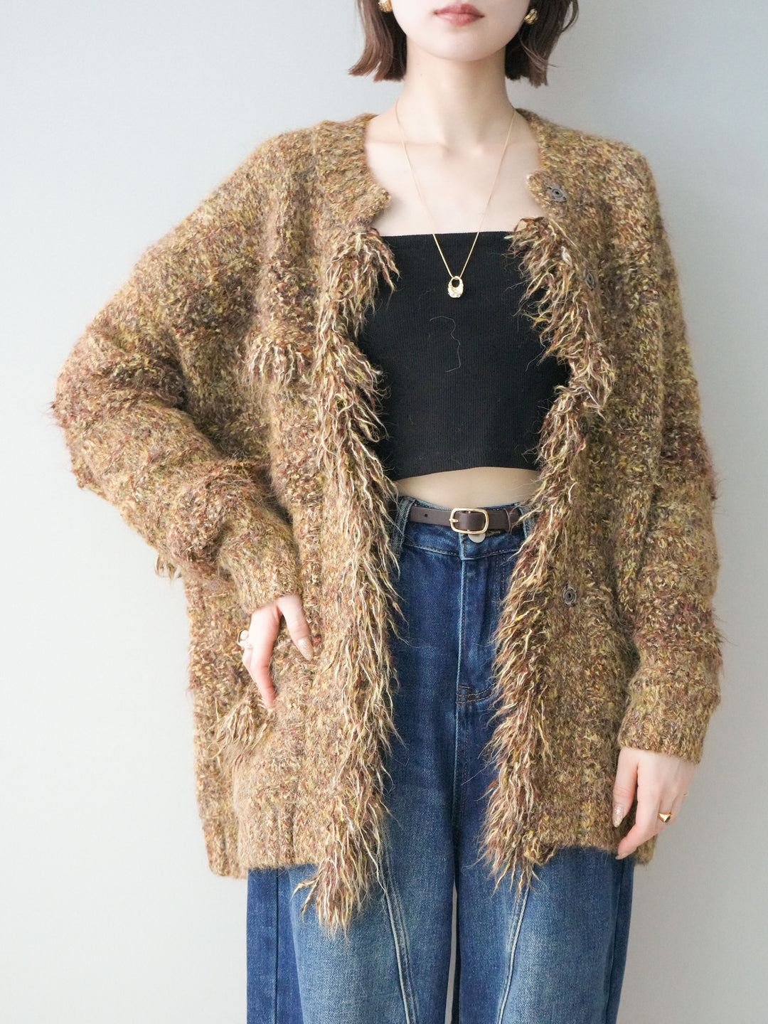 [SET]ミックスヤーンフリンジデザインニットジャケット+裏起毛加工デニムカーブパンツ(2set)