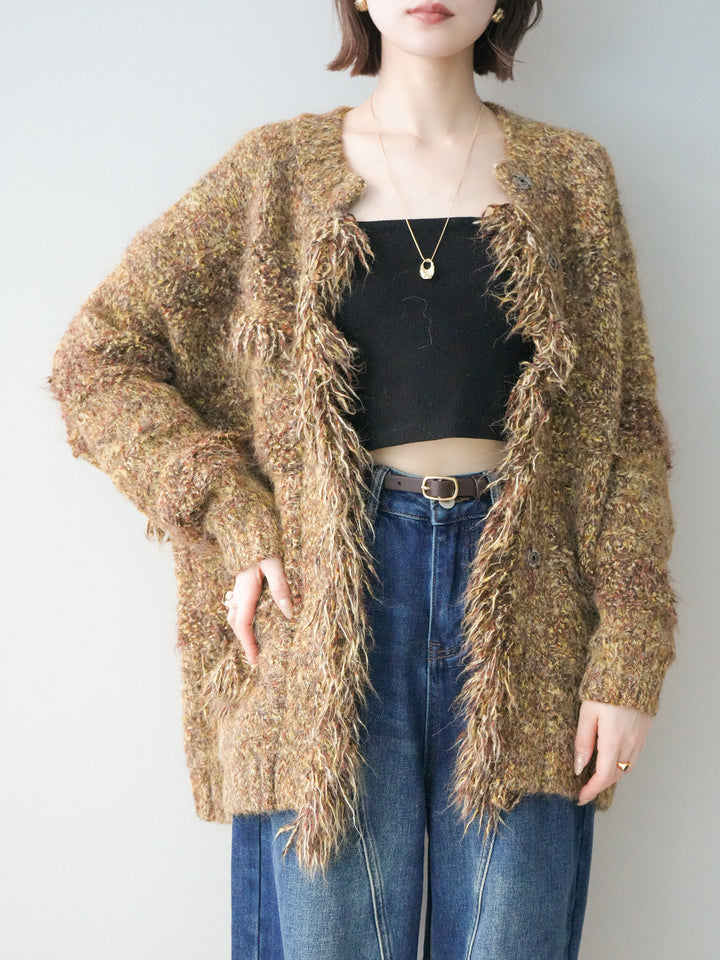 [SET]ミックスヤーンフリンジデザインニットジャケット+裏起毛加工デニムカーブパンツ(2set)