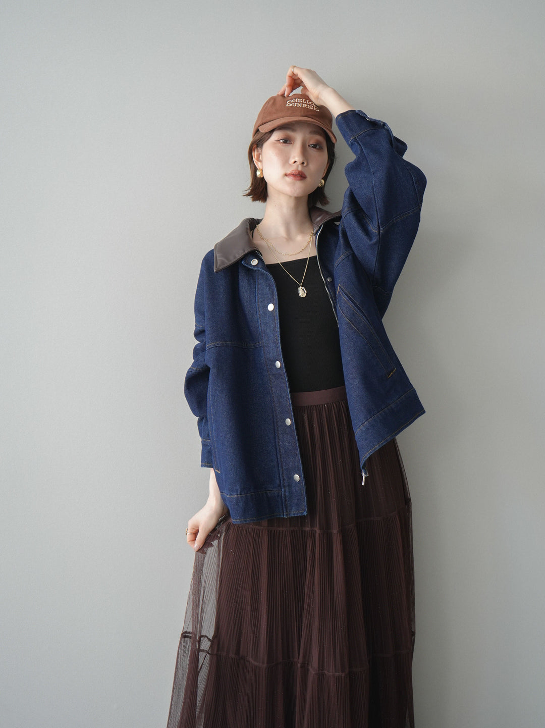 [予約]配色襟レザーデニムブルゾン/indigo