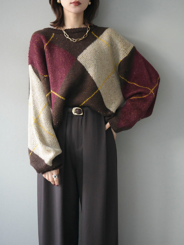 [予約]配色ステッチアーガイル柄ニットプルオーバー/brown