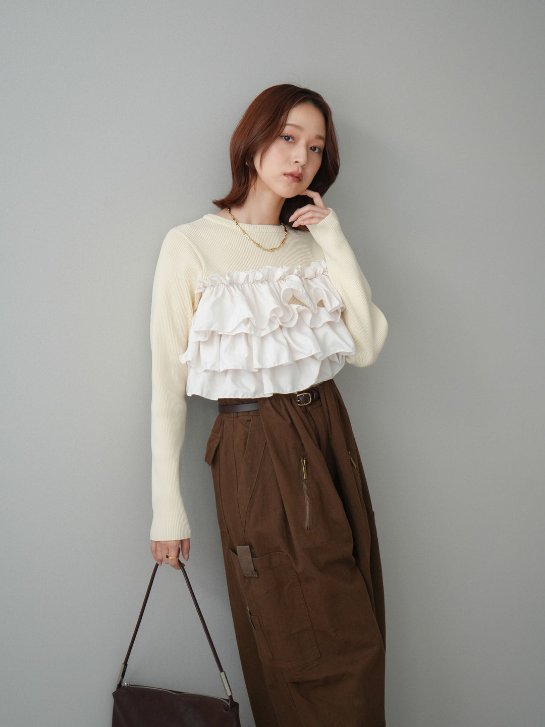 [SET]フリルビスチェドッキングスポンジニットプルオーバー+コットンタックループパンツ(2set)