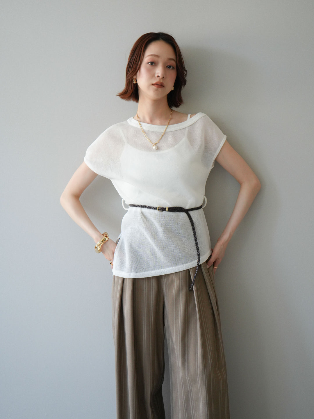 [予約]ベルト付アシメシアーニットトップス/white
