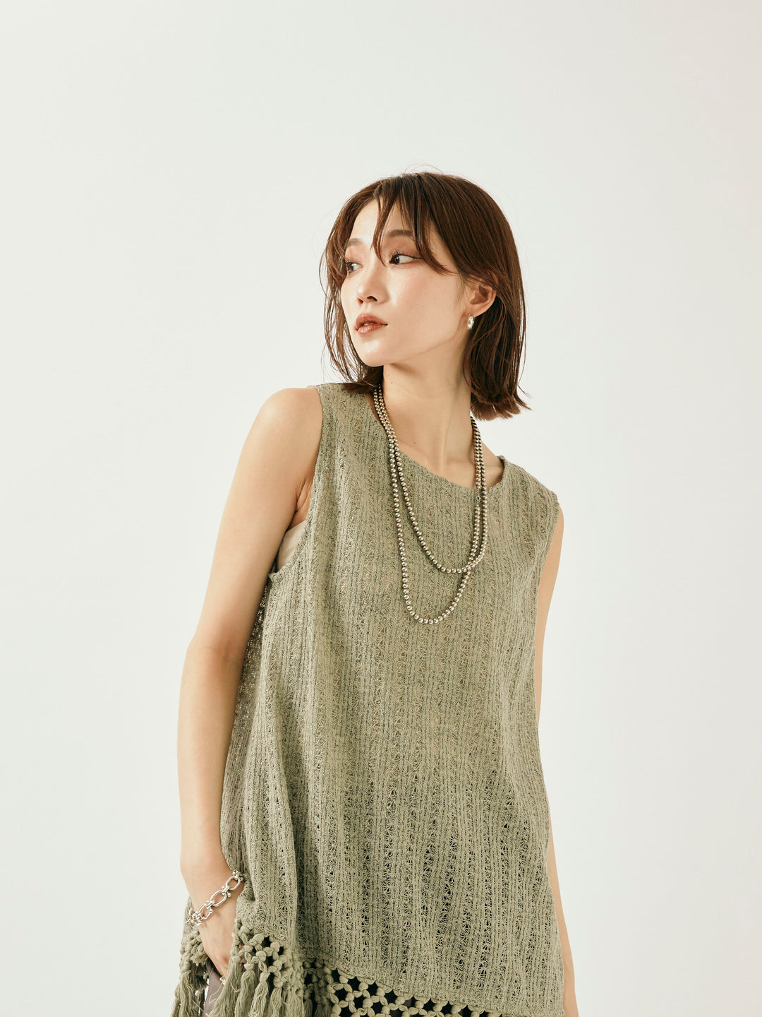 [予約]フリンジ透かし編みニットベスト/カーキ