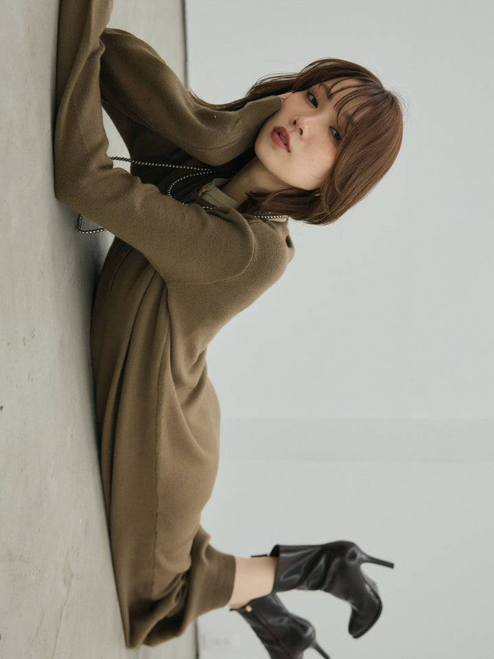 [予約]ヘンリーネックレイヤードニットワンピース/khaki