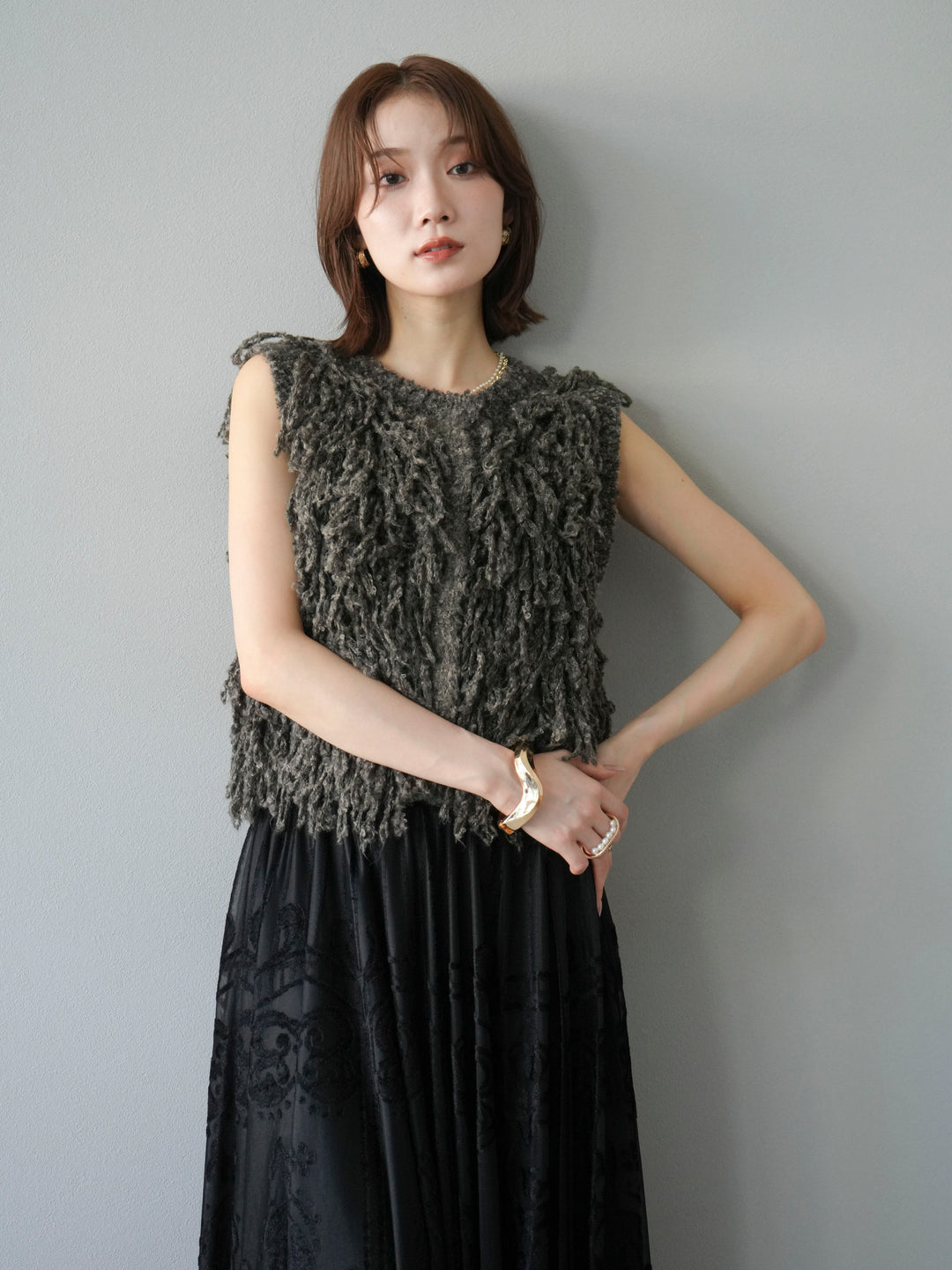 [SET]フリンジループニットベスト+アンティーク柄フロッキーマキシスカート(2set)