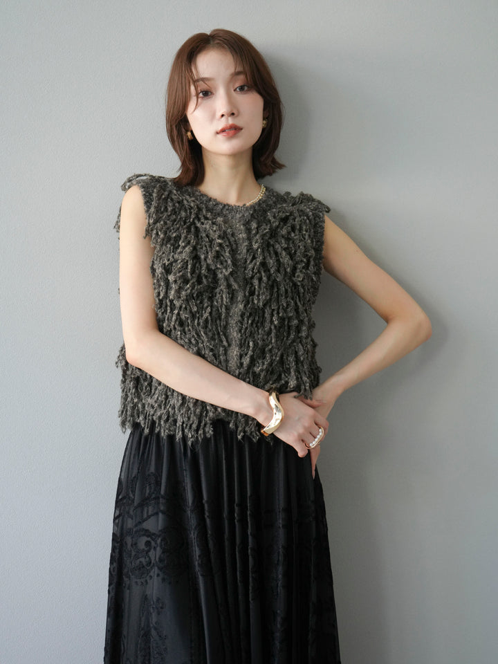 [SET]フリンジループニットベスト+アンティーク柄フロッキーマキシスカート(2set)