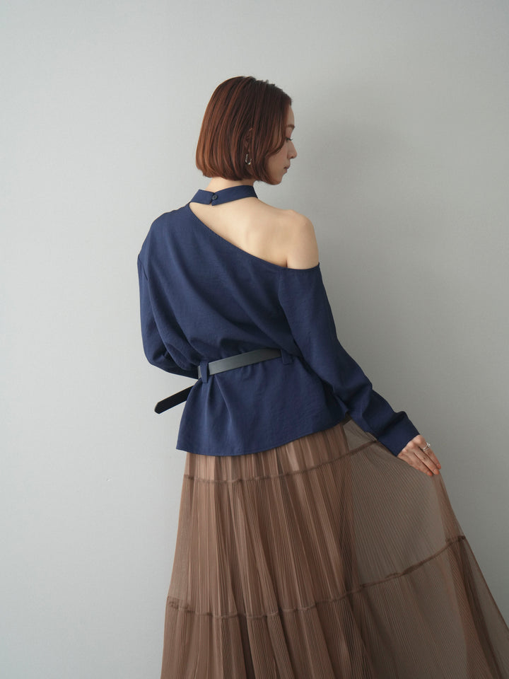 [SET]ベルト付ワンショルダースリットブラウス+ラメプリーツレイヤードチュールロングスカート(2set)