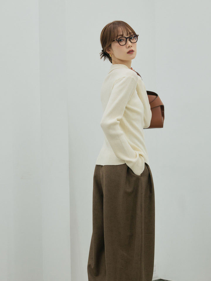 【Allure】[SET]くるみボタンポロリブニットトップス+くるみボタンポロリブニットトップス(2set)