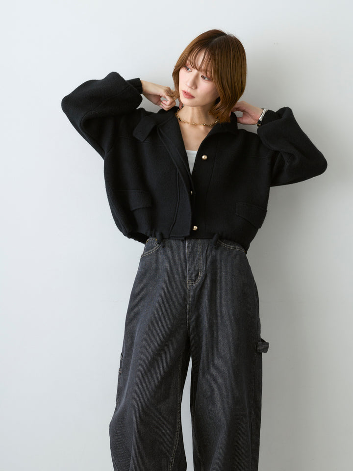 [SET]ゴールドボタンニットショートジャケット+ヒッコリーカーブデニム(2set)