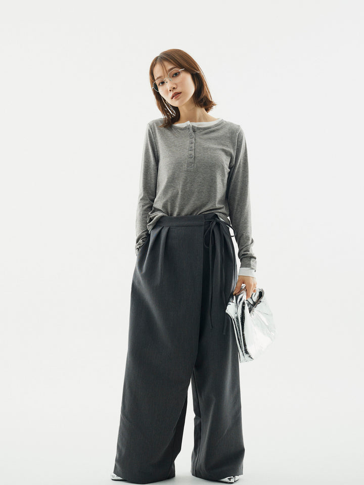 【Allure】[SET]配色レイヤードヘンリーネックトップス+ラップデザインタックワイドパンツ(2set)