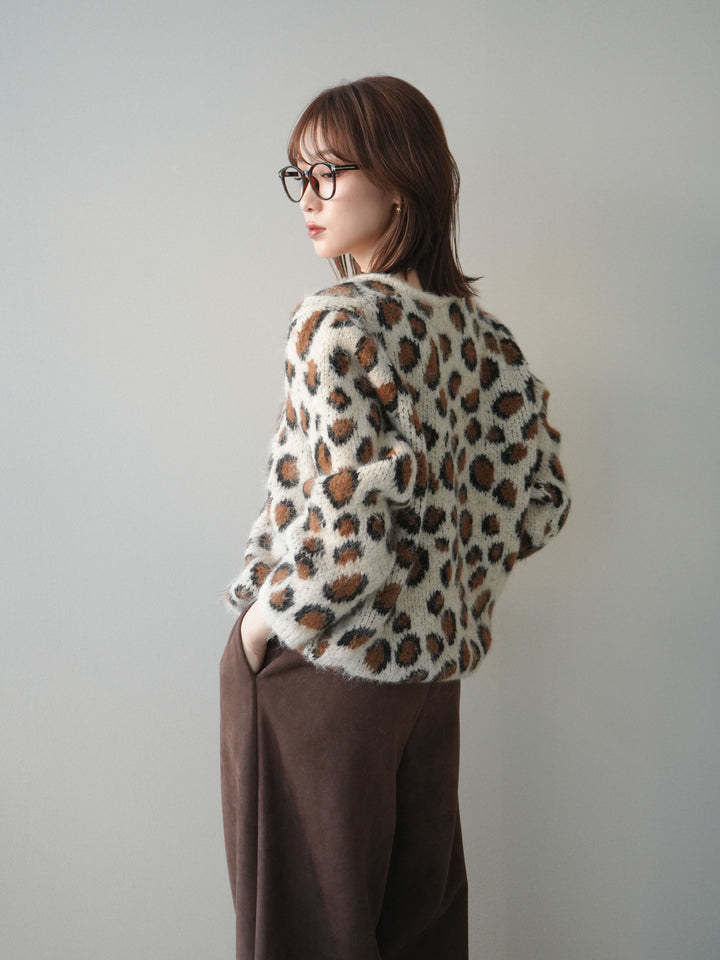 [SET]モヘアタッチレオパード柄ニットカーディガン+モチーフベルト付スエードタックワイドパンツ(2set)