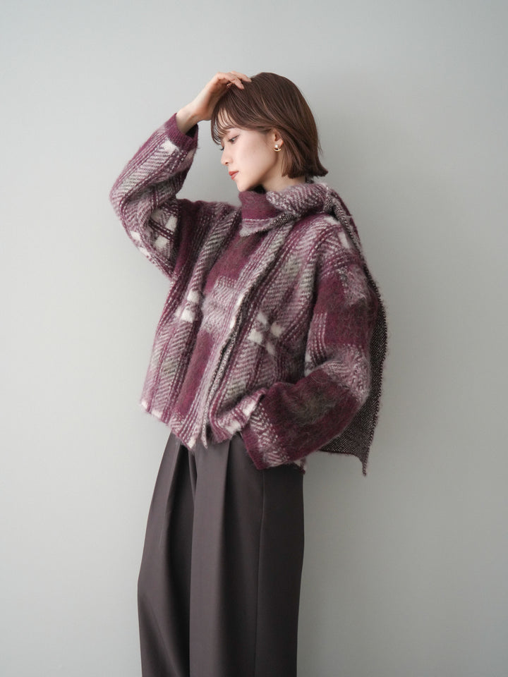 [予約]ストール付シャギーチェックニットプルオーバー/red