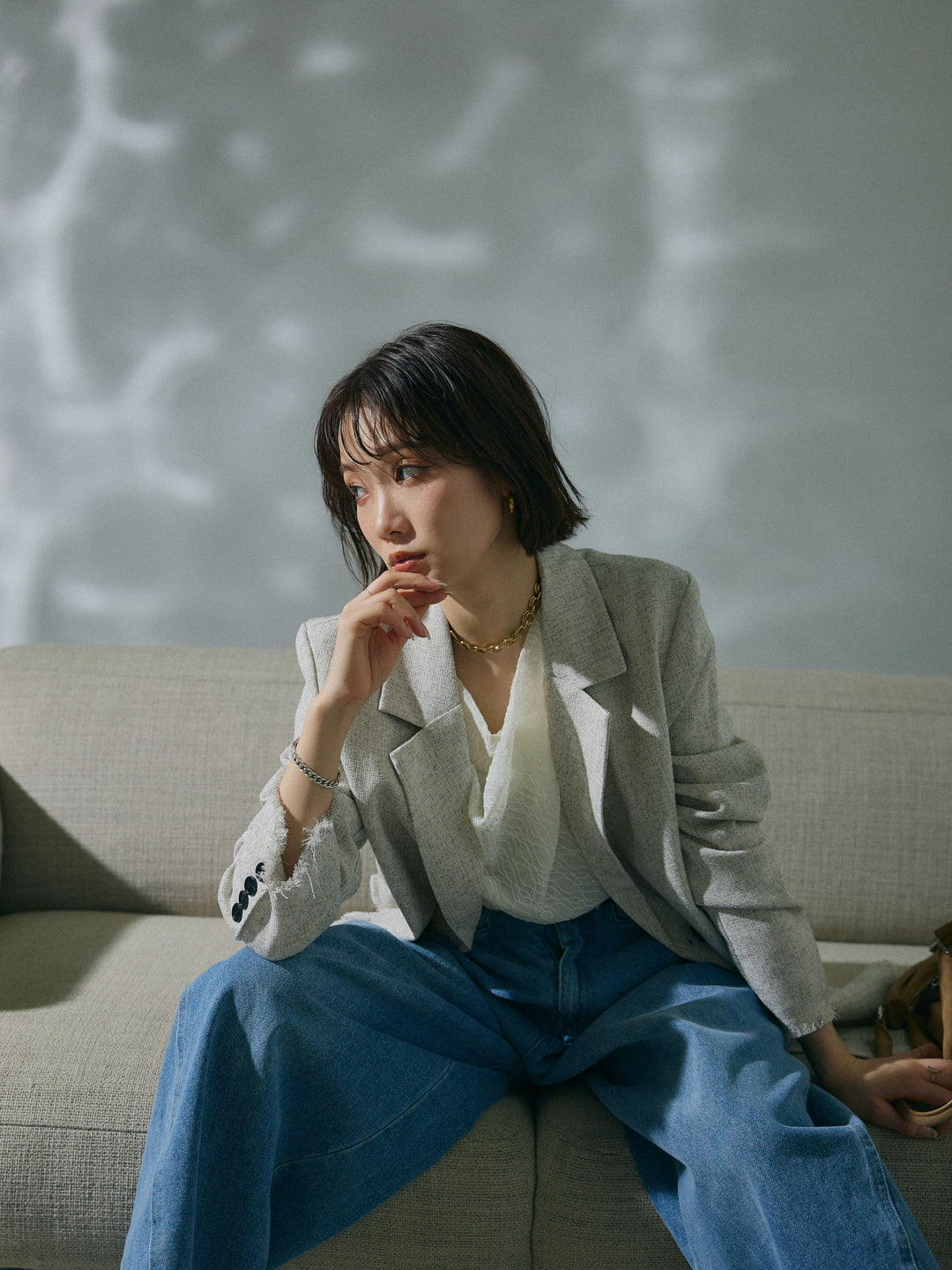 【Allure】[SET]スラブツイードフリンジテーラージャケット+ストレッチレースドレープトップス+ハイウエストベルトループデザインデニムパンツ(3set)