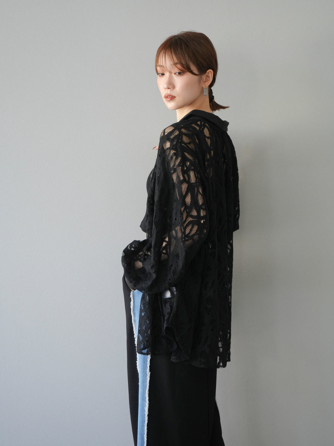 [SET]コードレースオーバーシャツ+デニムドッキングスウェットスカート(2set)