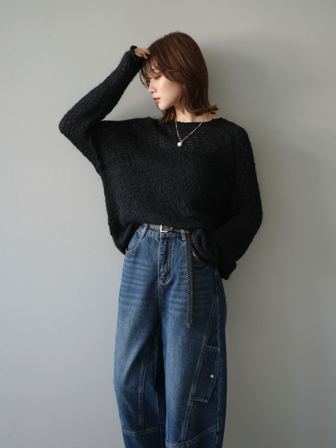 [予約]透かし編みモヘアタッチポコポコニットプルオーバー/black