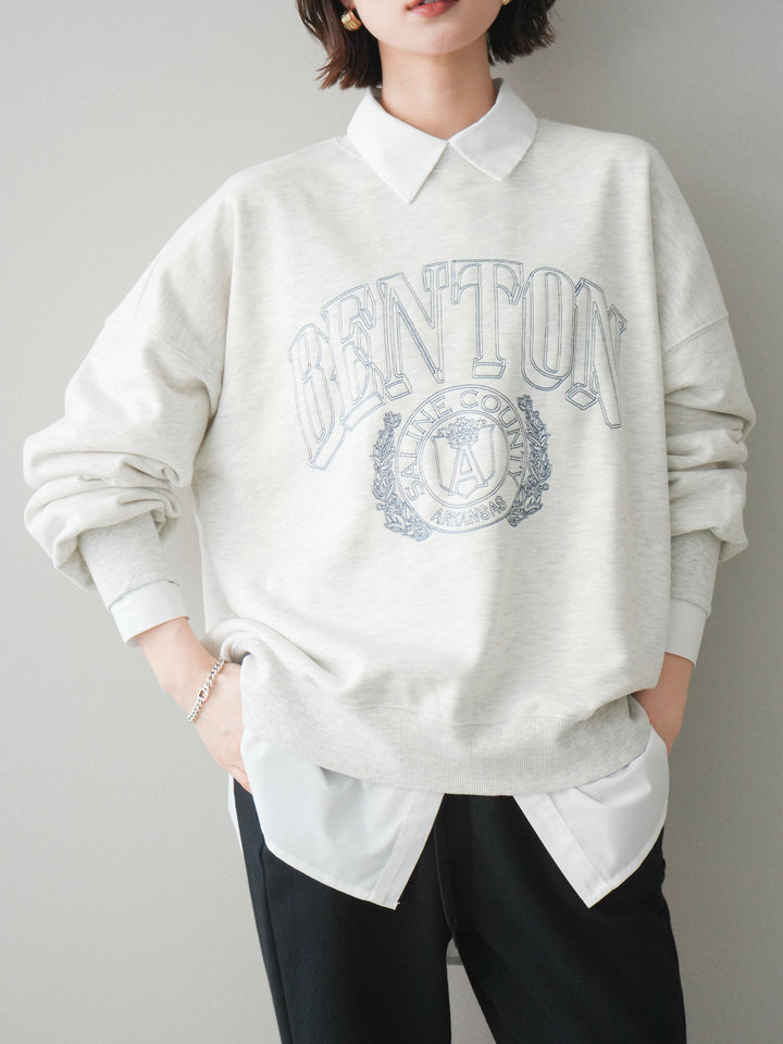 [SET]カレッジロゴ刺繍BIGスウェットプルオーバー+ボウタイ付オーバーシャツ(2set)