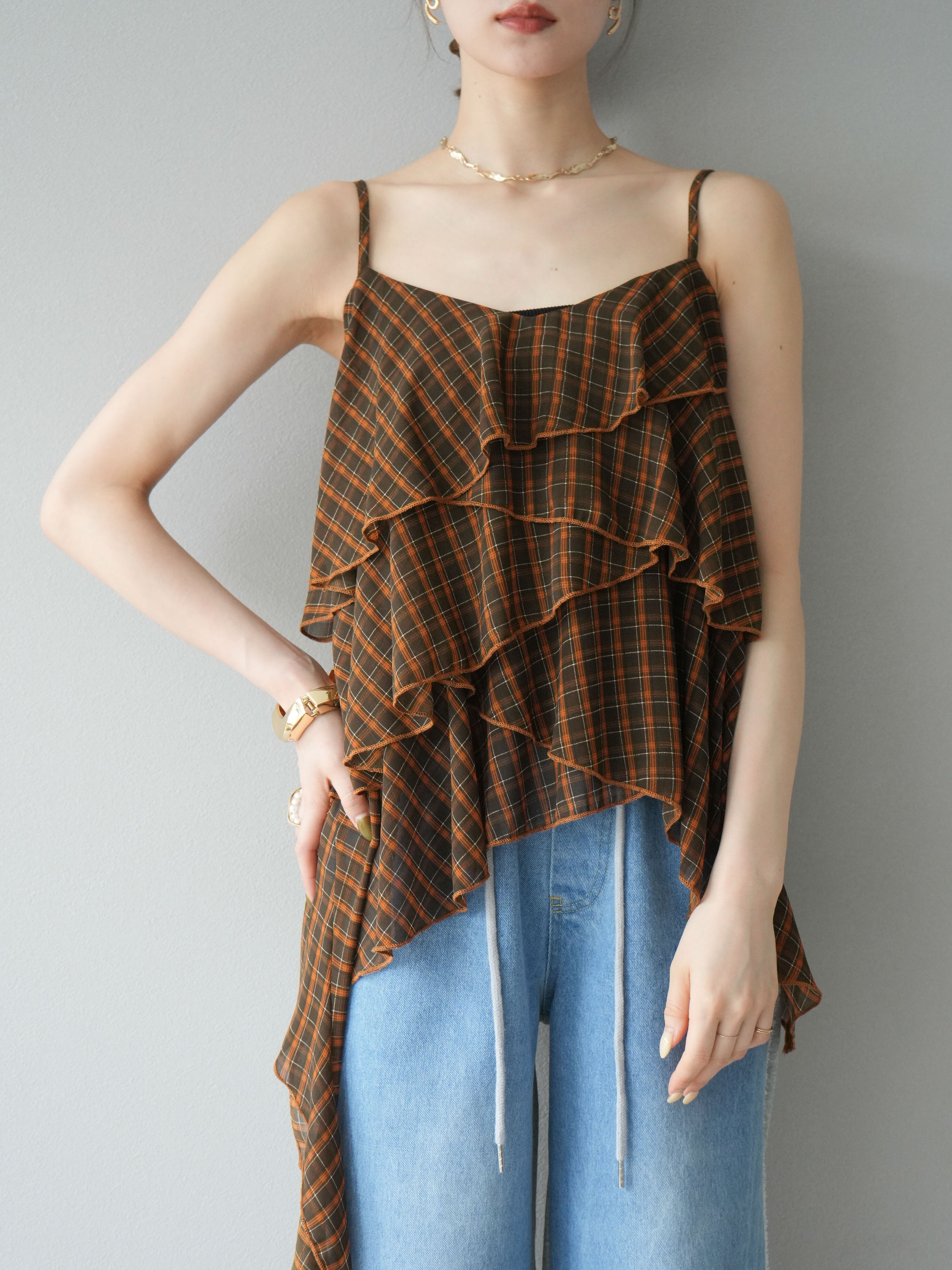 anmille ボレロセットチェックシフォンOP ブラウン タグ付き anmille ボレロセットチェックシフォンOP ブラウン タグ付き