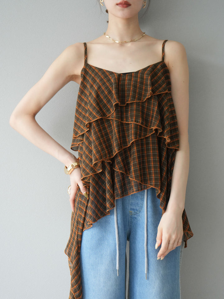 [予約]チェック柄ラッフルキャミソール/ブラウン