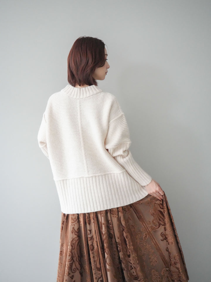 [SET]編み地切替ボトルネックニットプルオーバー+アンティーク柄フロッキーマキシスカート(2set)