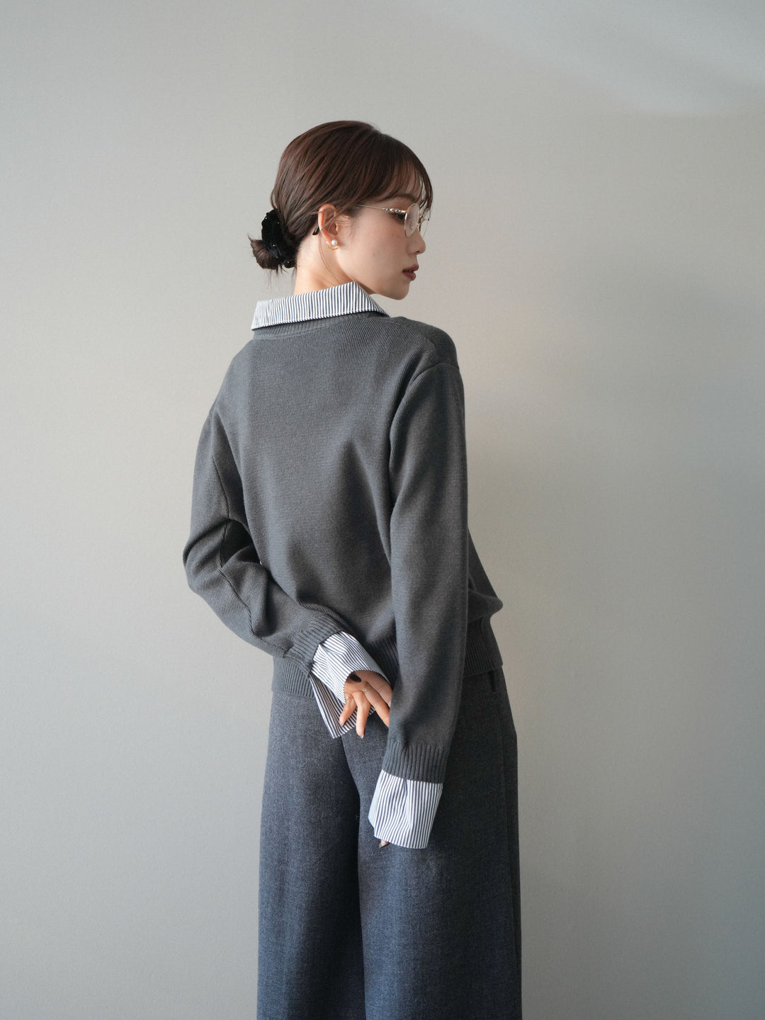 [予約]シャツドッキングデザイン裾ボタンニットプルオーバー/gray