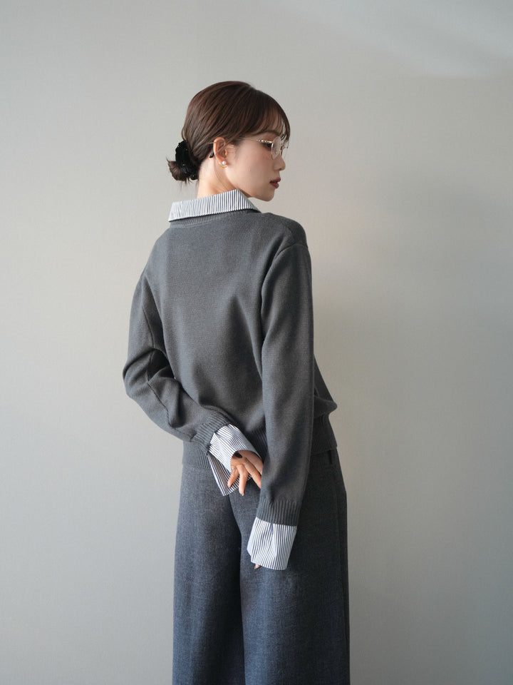 [予約]シャツドッキングデザイン裾ボタンニットプルオーバー/gray