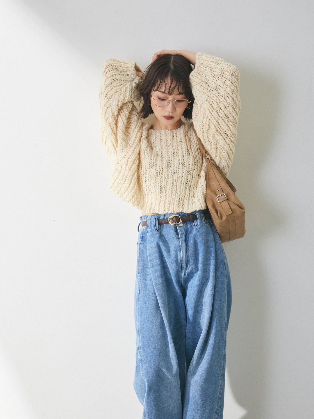 【Allure】[SET]クロップドチャンキースラブニットプルオーバー+ハイウエストベルトループデザインデニムパンツ(2set)