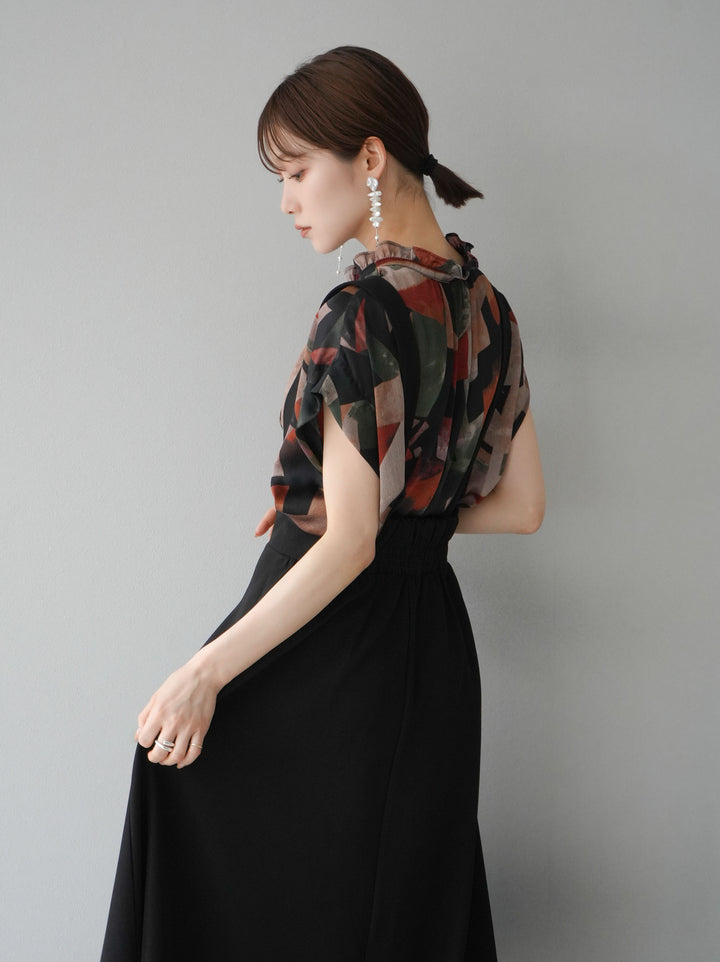 【SET】復古印花無袖上衣+2WAY喇叭毛衣裙（2套）