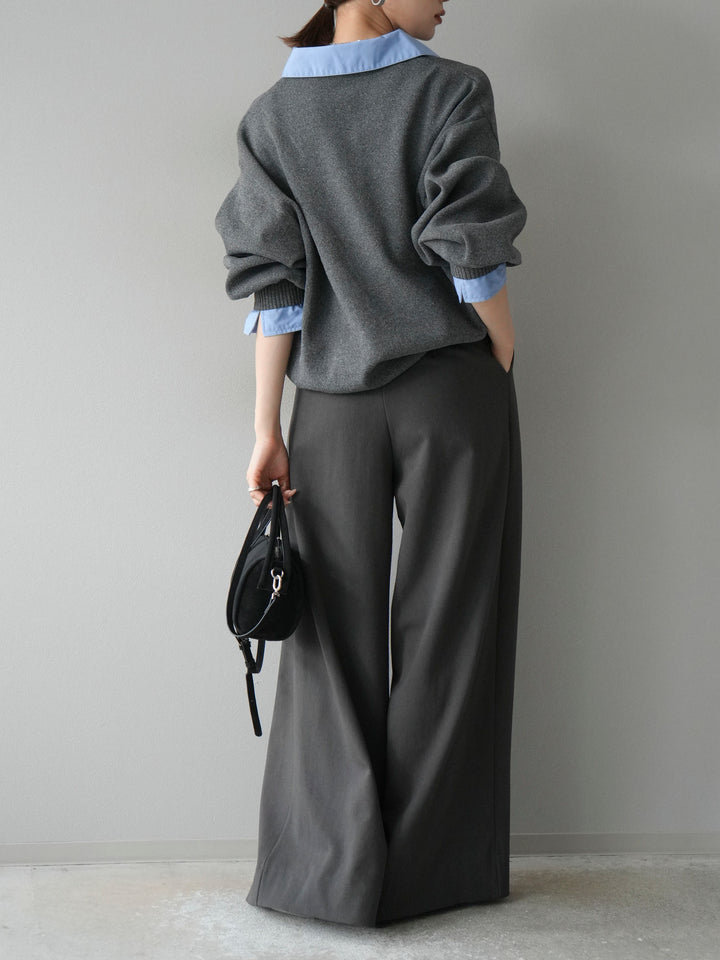 【SET】翻領polo針織套衫+雙褶闊腿褲（2件組）