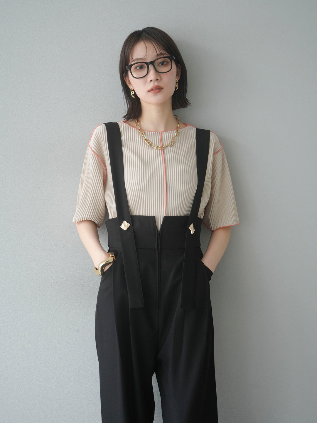 【SET】配色褶皺半袖上衣 + 配色褶皺半袖上衣 (2 件套)