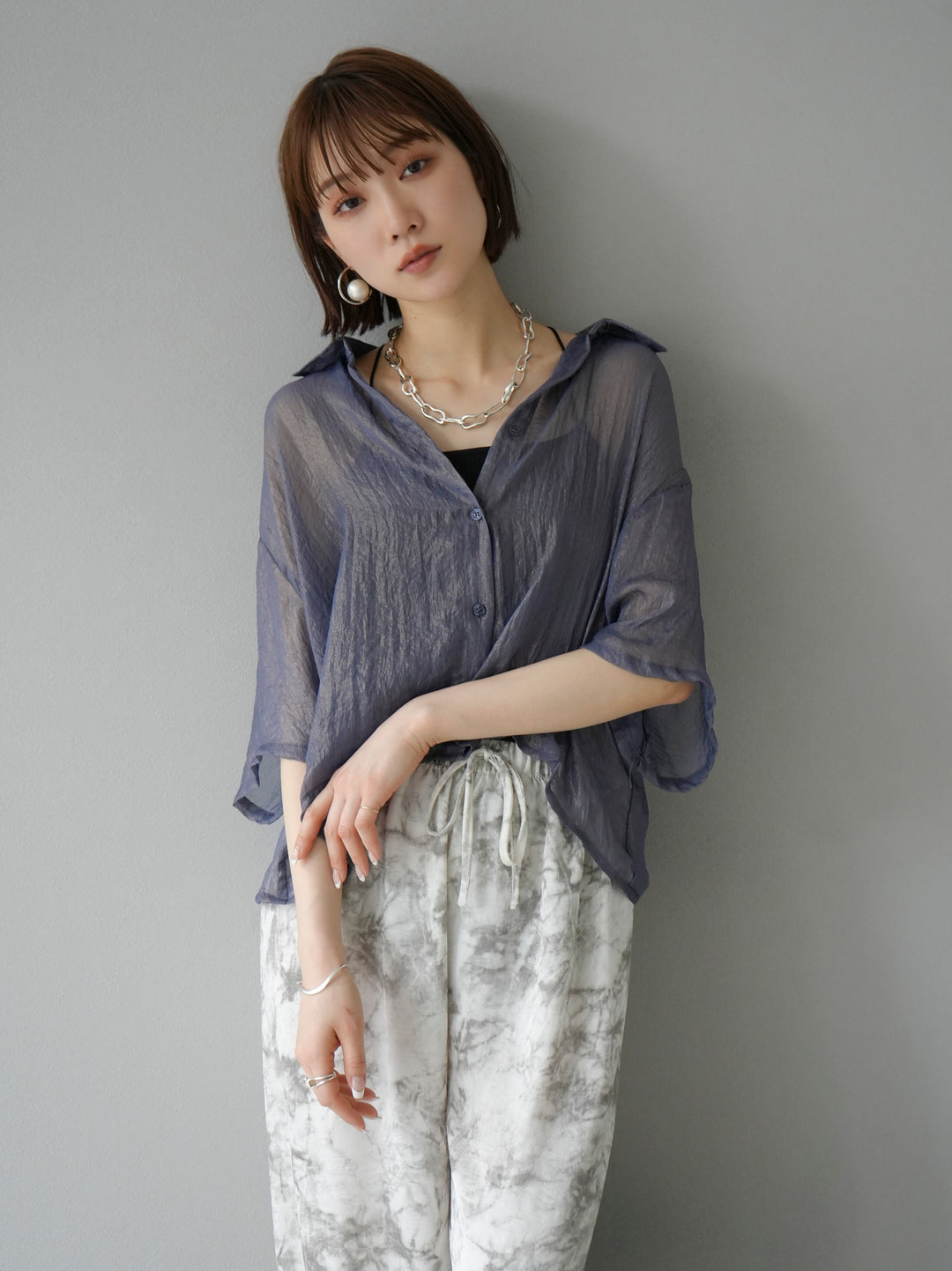 [SET] Lame washer sheer half shirt + double strap cut rib bra camisole + nuance print washer easy pants (3 sets)