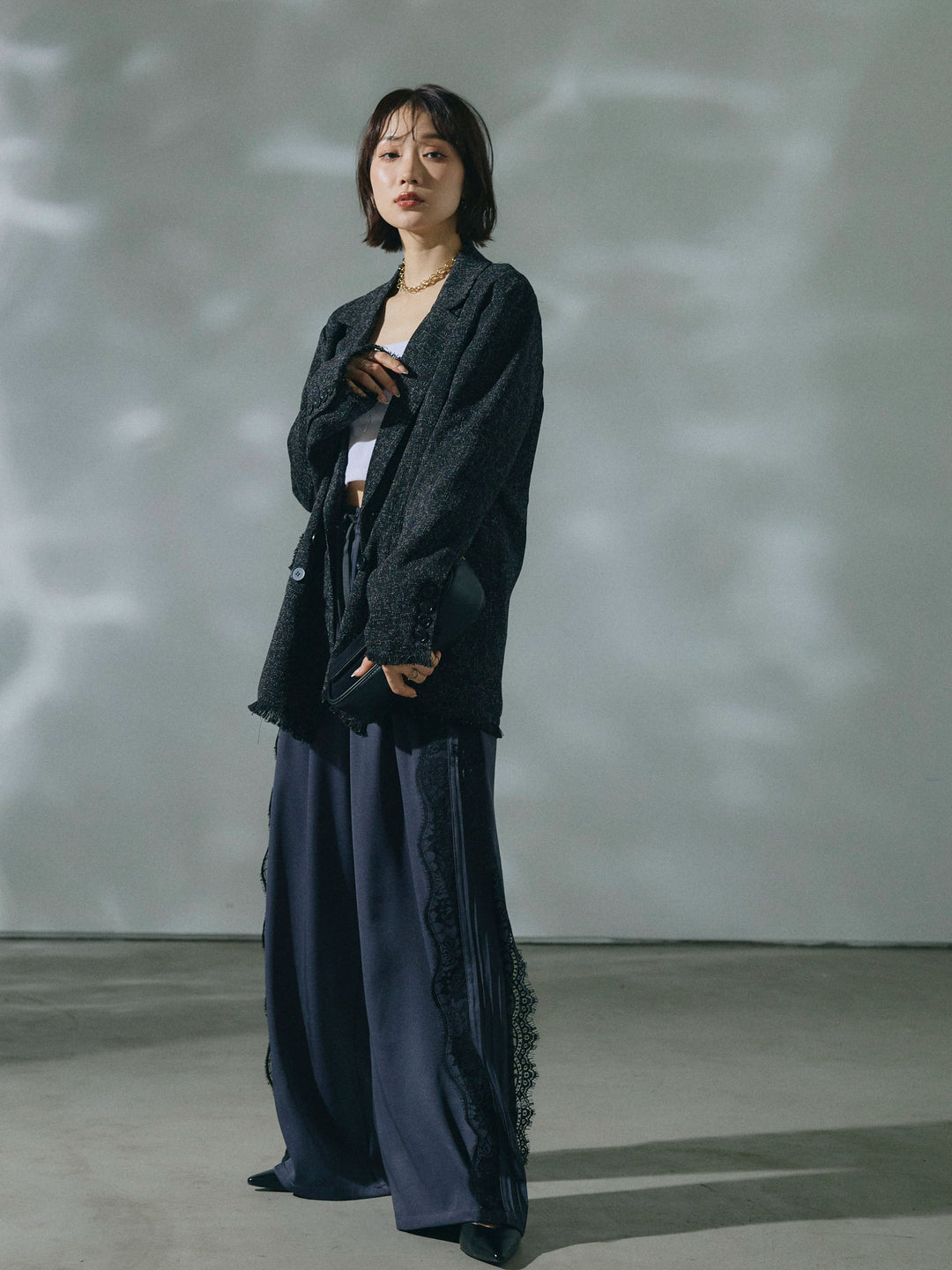 【Allure】[SET]スラブツイードフリンジテーラージャケット+サイドピンタックレースイージーワイドパンツ(2set)