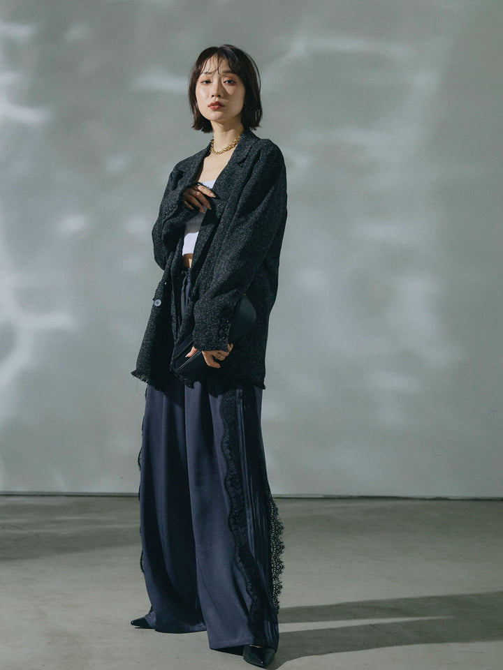 【Allure】[SET]スラブツイードフリンジテーラージャケット+サイドピンタックレースイージーワイドパンツ(2set)
