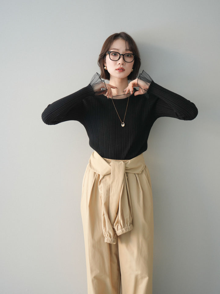 [予約]チュールレイヤードリブニットトップス/black