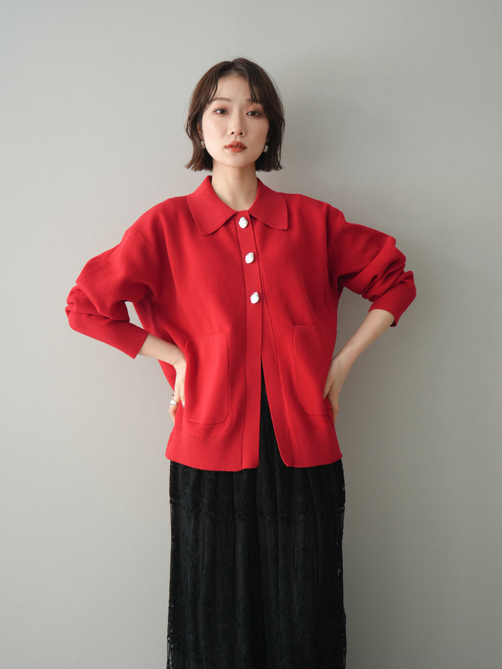 [予約]メタルボタン襟付きポリエステルニットカーディガン/red