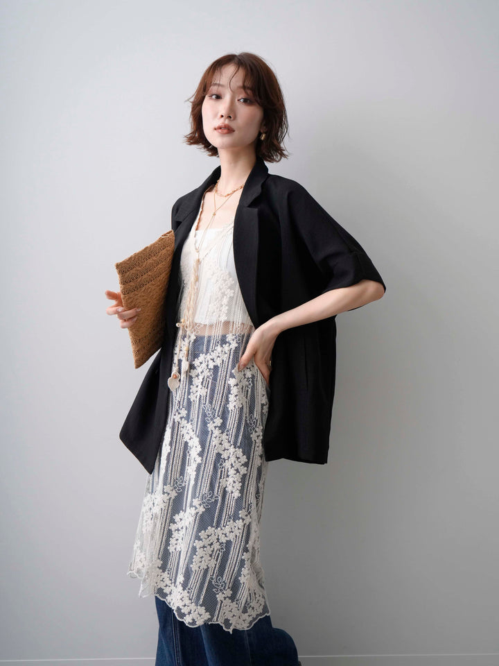 【套裝】透視花卉刺繡吊帶洋裝+亞麻質感半雙層外套（兩件組）