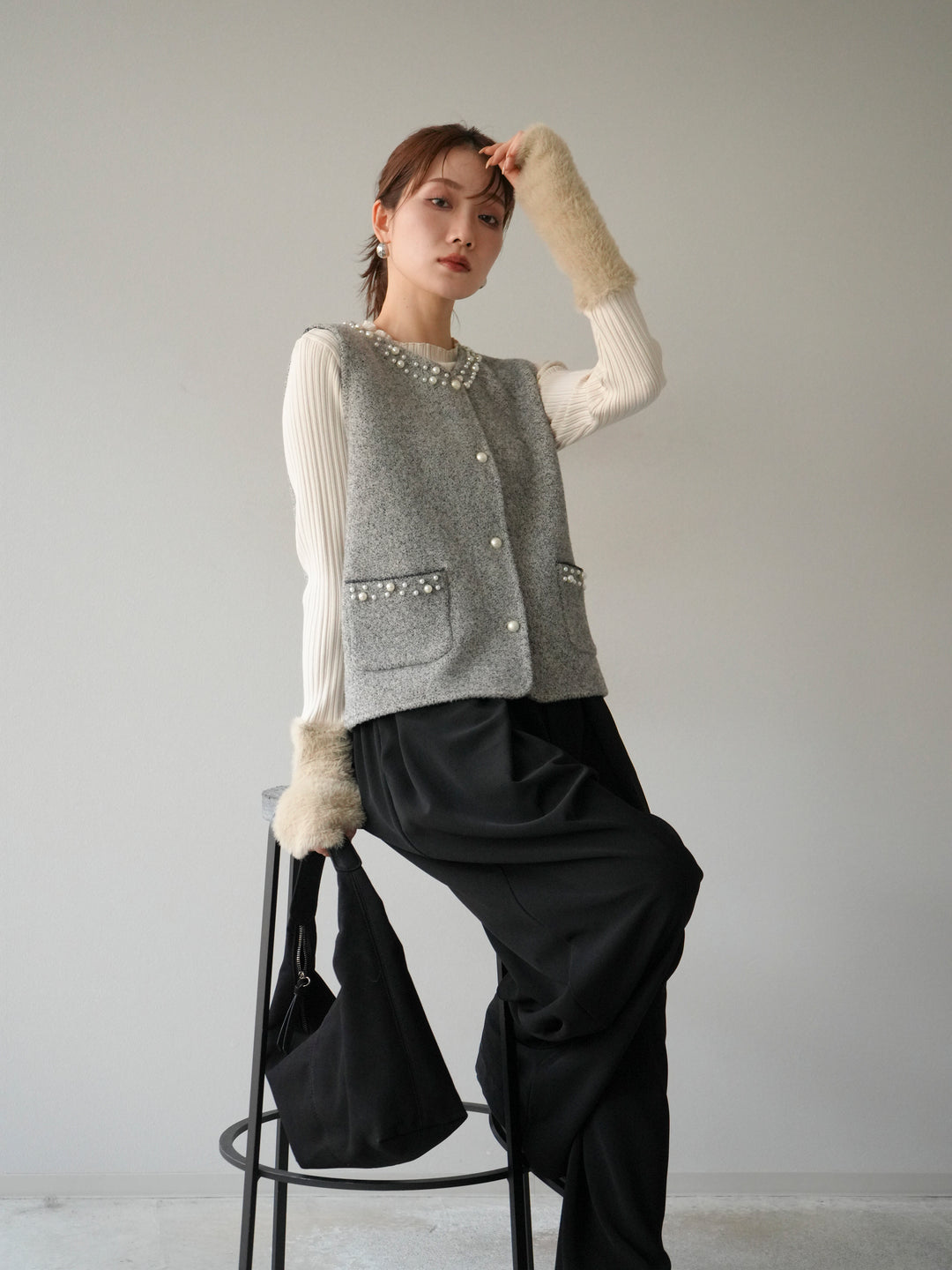 [予約]パールデザインツイードライクニットベスト/グレー
