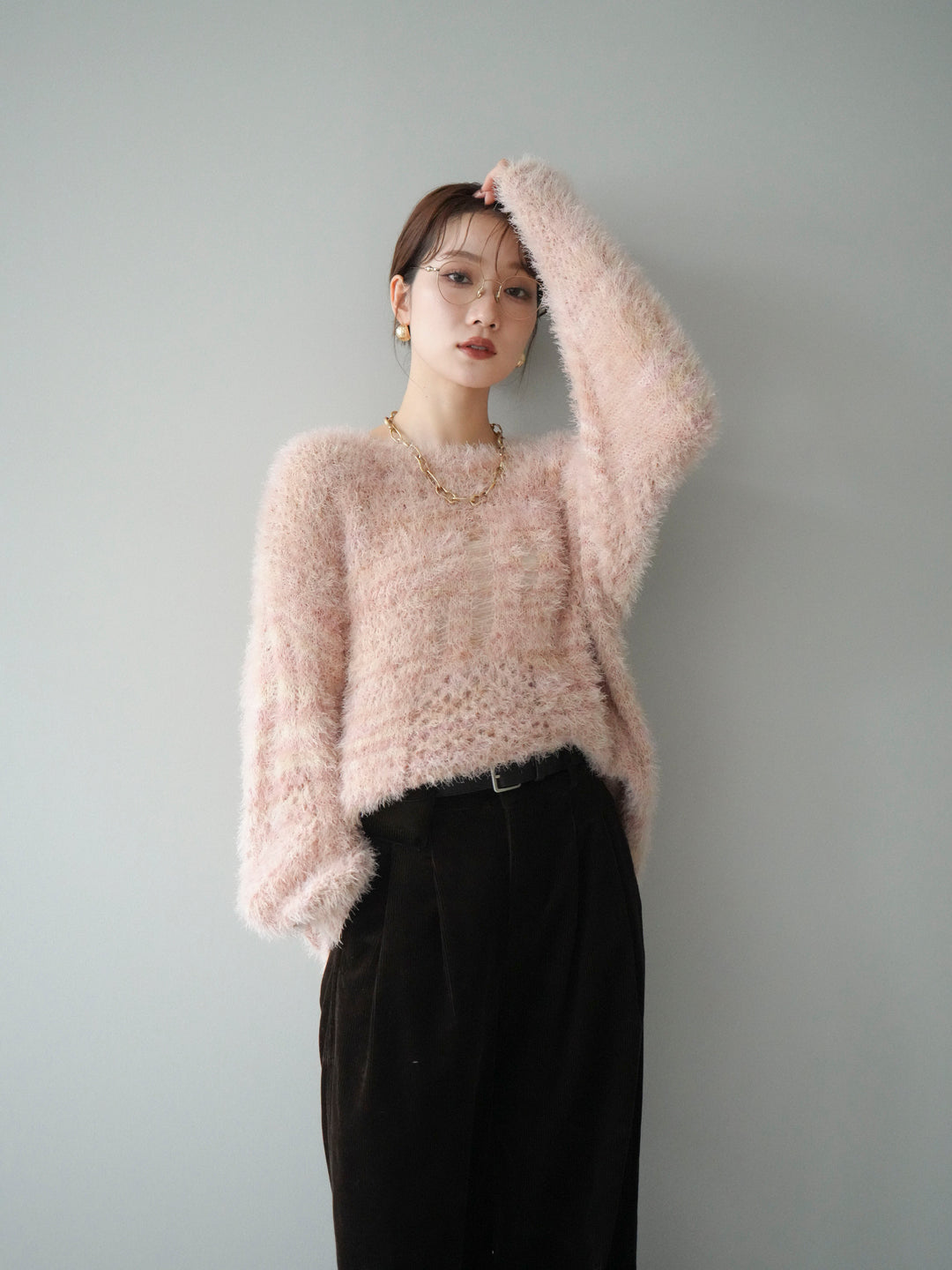 [予約]ミックスシャギールーズニットプルオーバー/pink