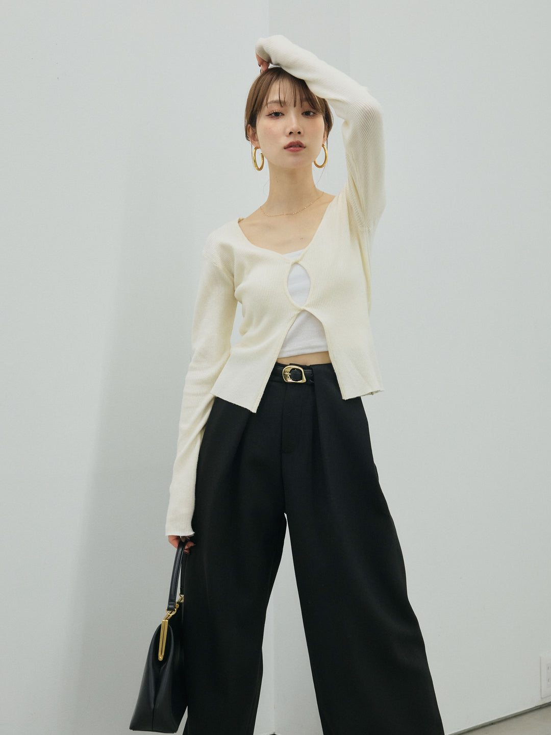 【Allure】[SET]フロントツイストホールリブニットトップス+ループデザインツイルワイドパンツ(2set)