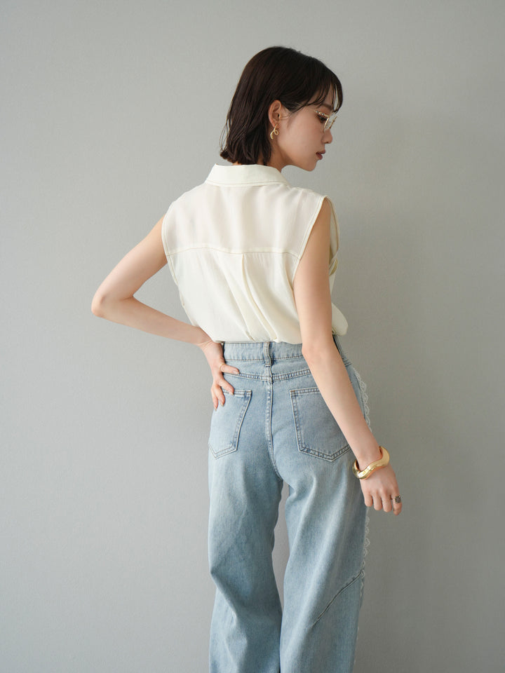 [SET]ステッチシアーレイヤードデザインブラウス+ラインレースデニムパンツ(2set)