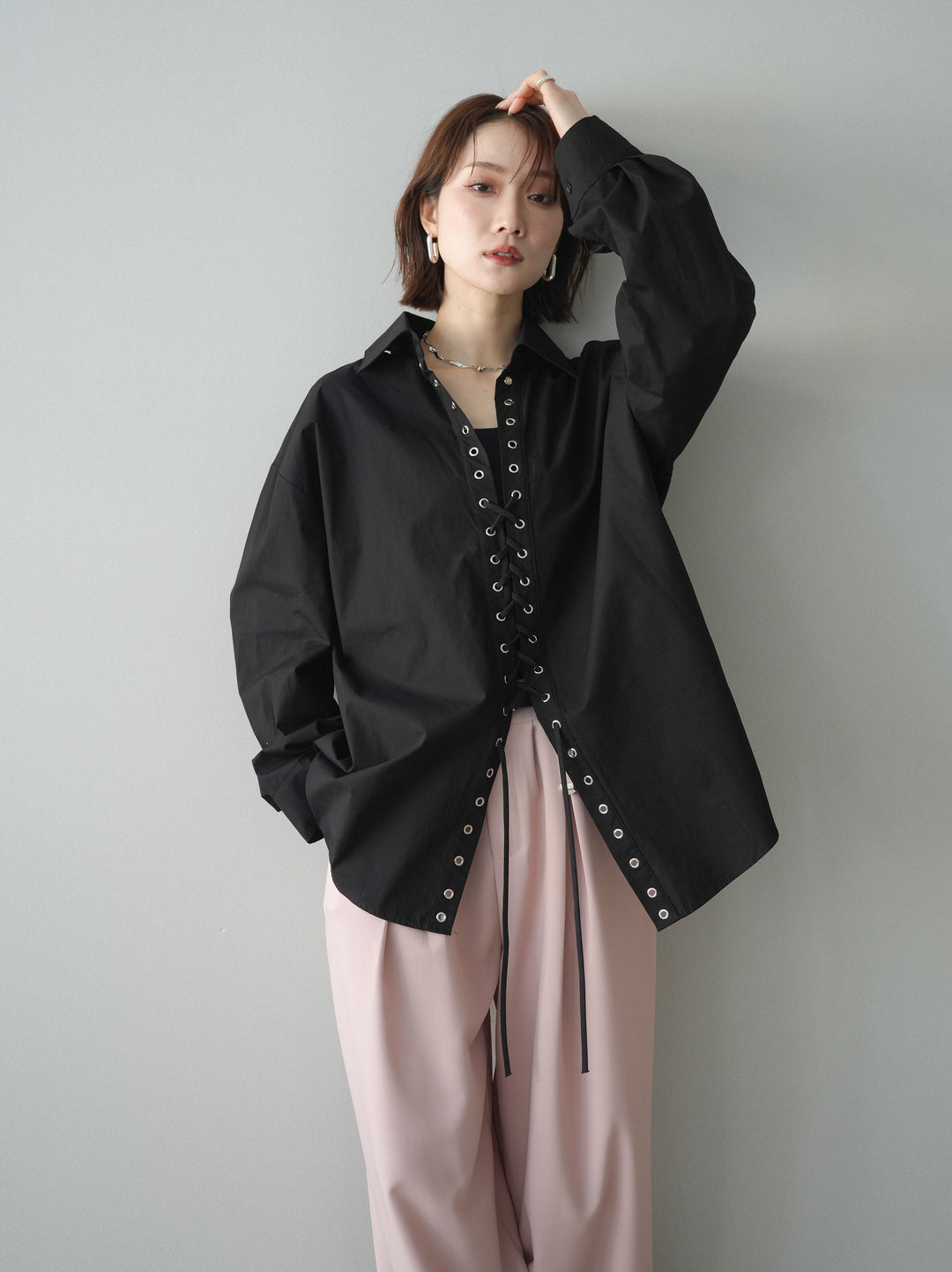 [SET]レースアップブロードシャツ+ベルト付キーホルダーモチーフワイドパンツ(2set)