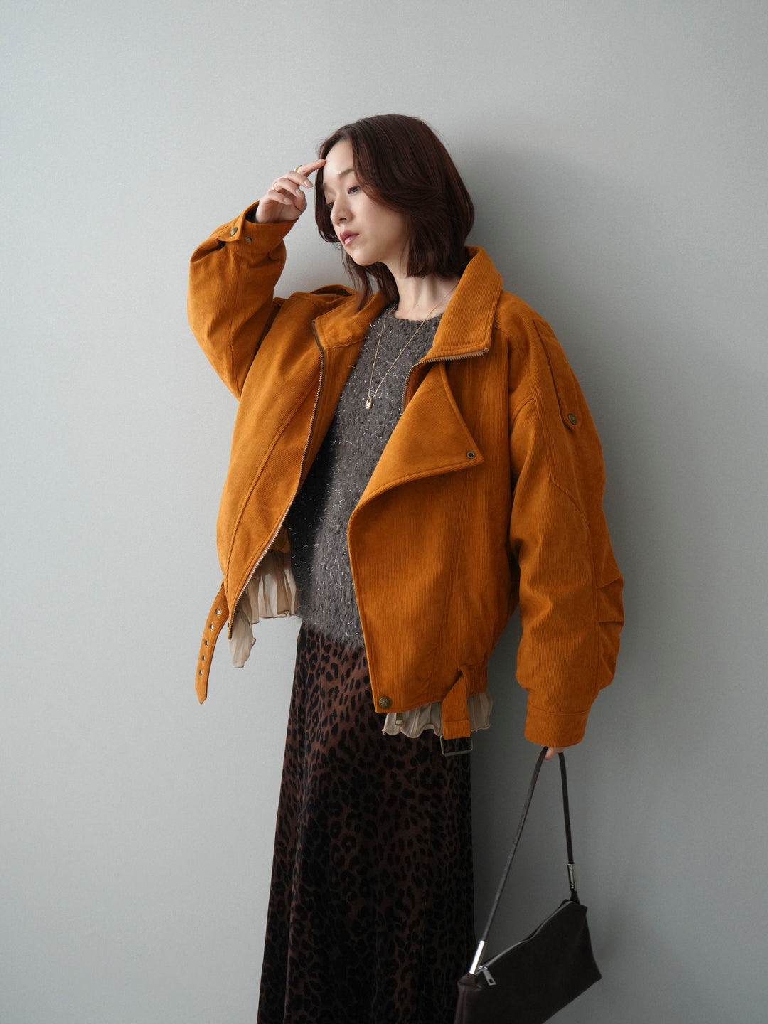 [SET]コーデュロイライダース裾レースブルゾン+モールラメミックスヤーンニットプルオーバー+レオパードベロアナロースカート(3set)