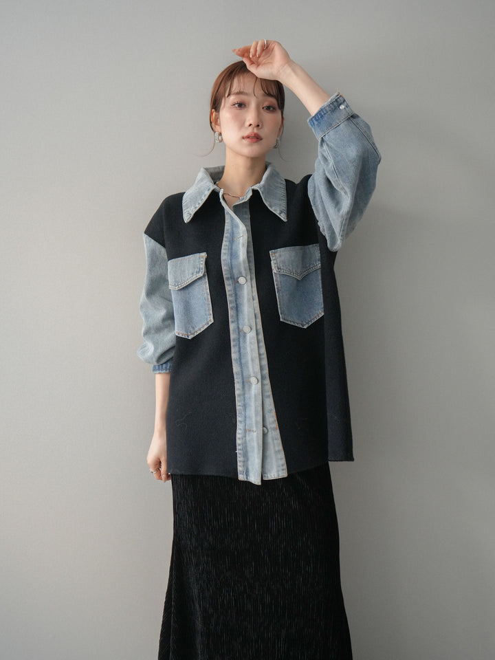 [予約]デニム襟ダブルフェイスニットカーディガン/black