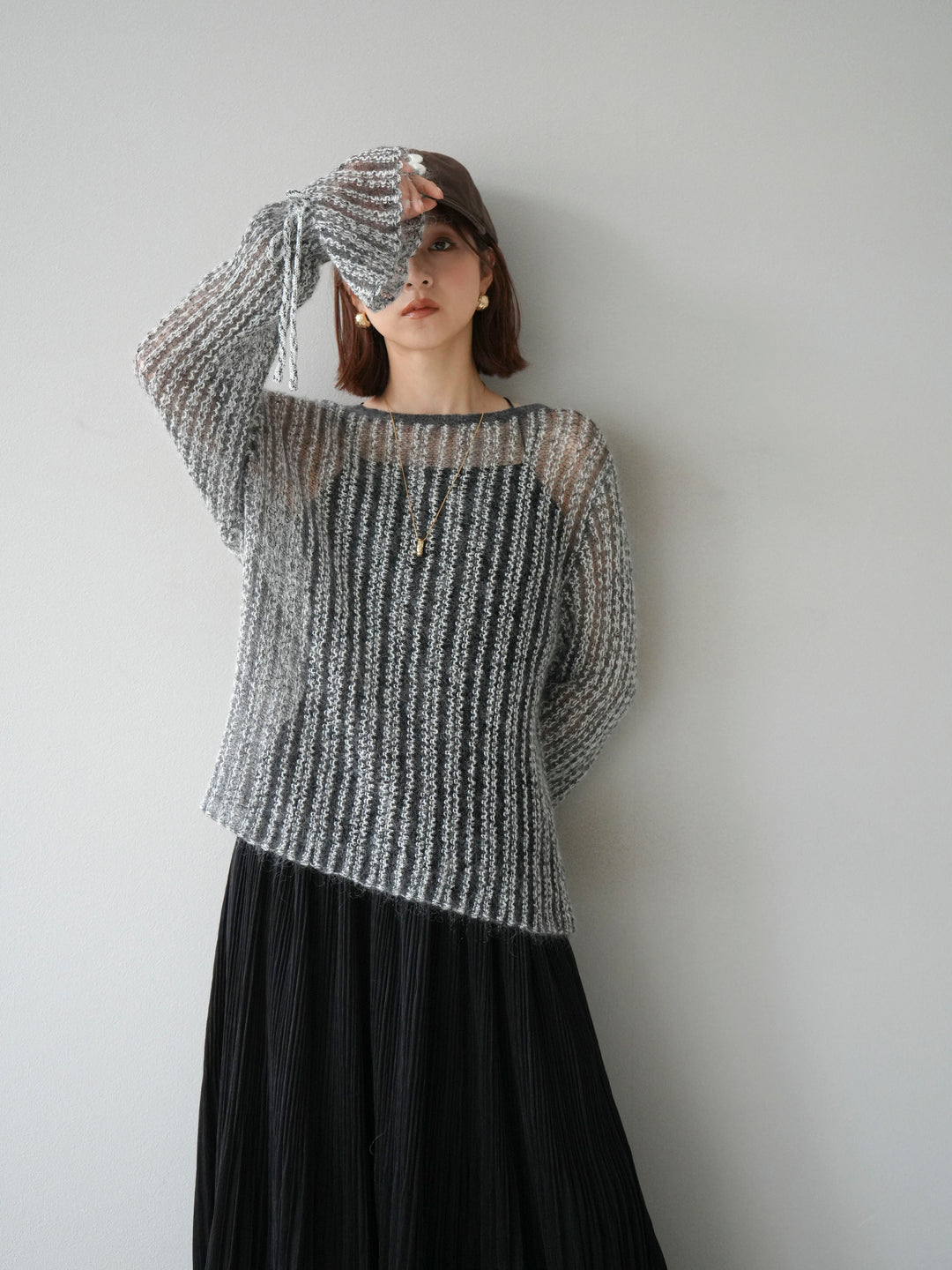 [予約]ストライプメッシュニットプルオーバー/グレー