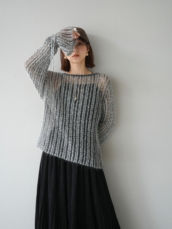 [予約]ストライプメッシュニットプルオーバー/グレー