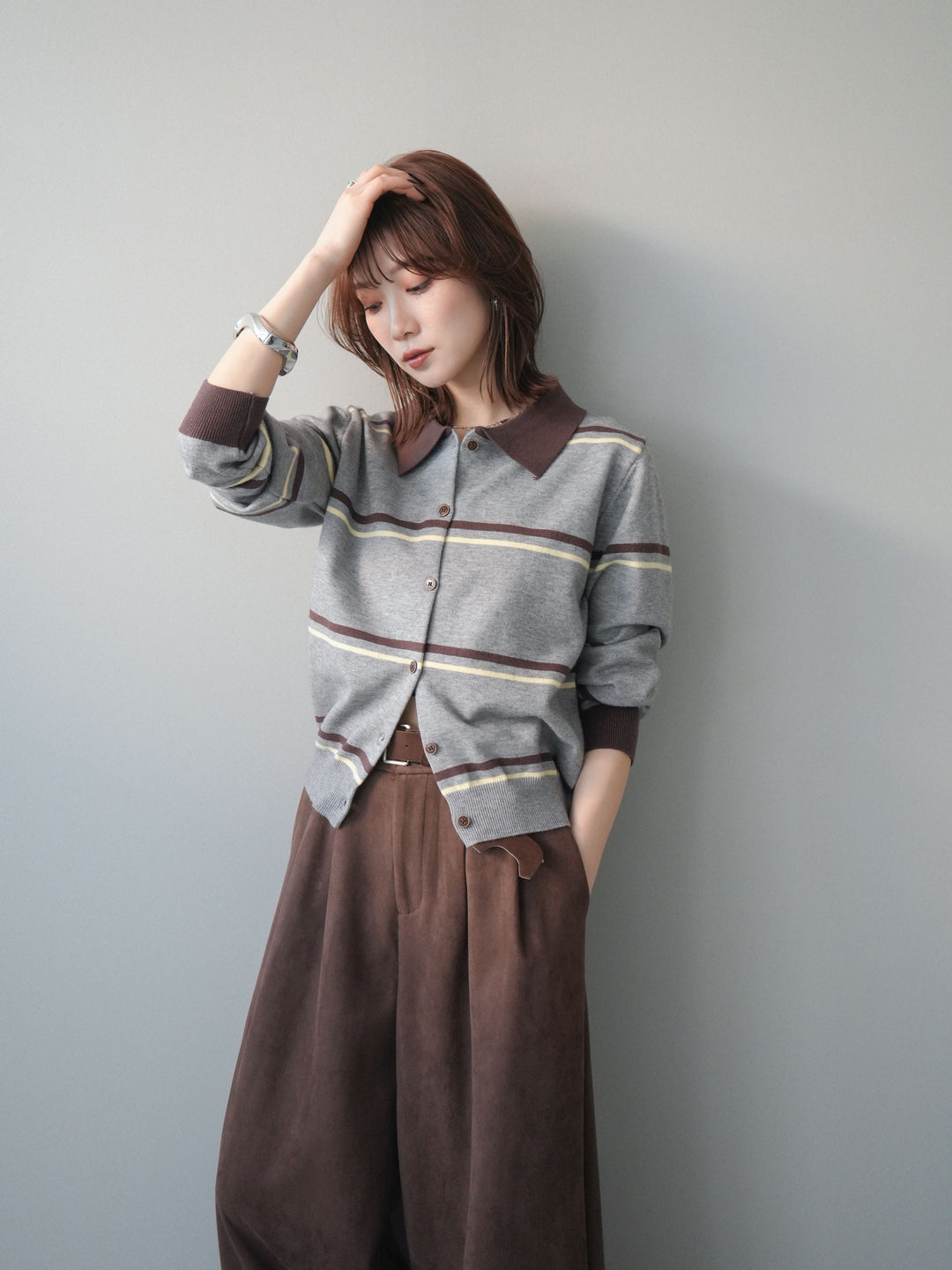 [予約]配色マルチボーダーポロニットカーディガン/gray