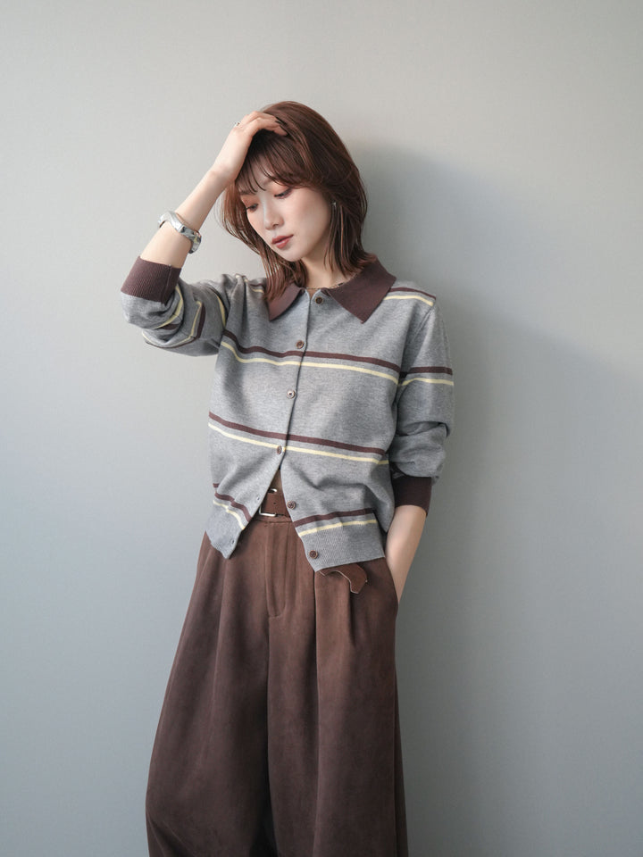 [予約]配色マルチボーダーポロニットカーディガン/gray