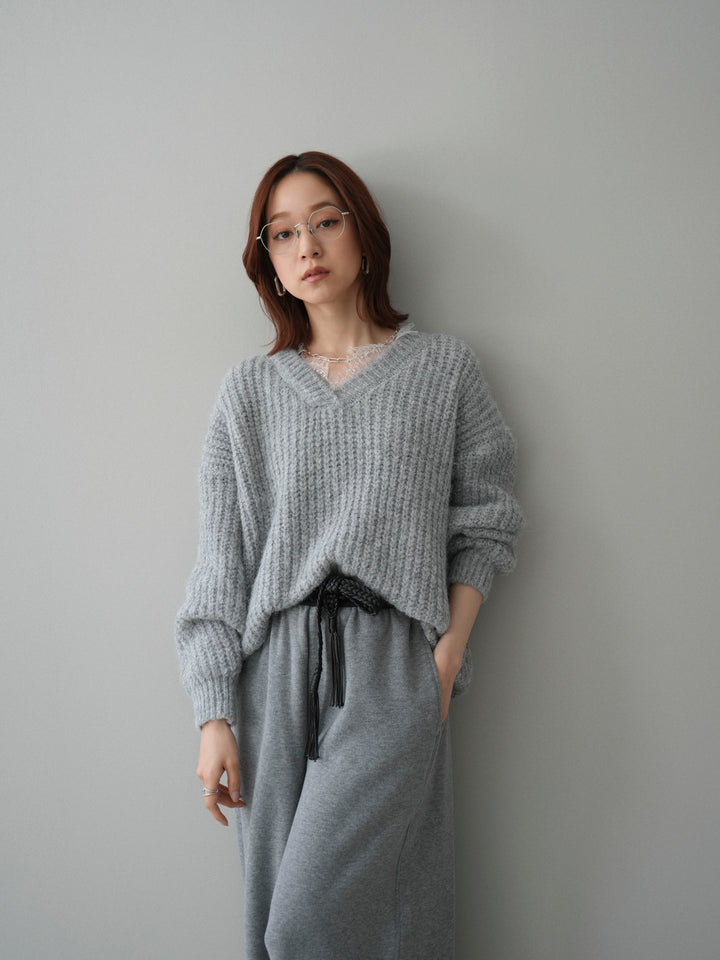 [SET]Vネックレースニットプルオーバー+編み込みベルト付きウエスト配色スエットパンツ(2set)