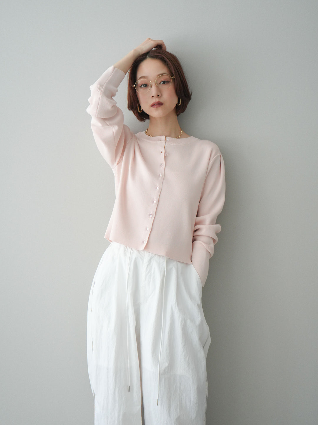 [SET]クリアボタンタックニットカーディガン+ドロストサイドラインナイロンパンツ(2set)