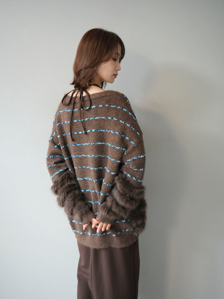 [予約]フェザーライン配色シャギーニットカーディガン/ブラウン