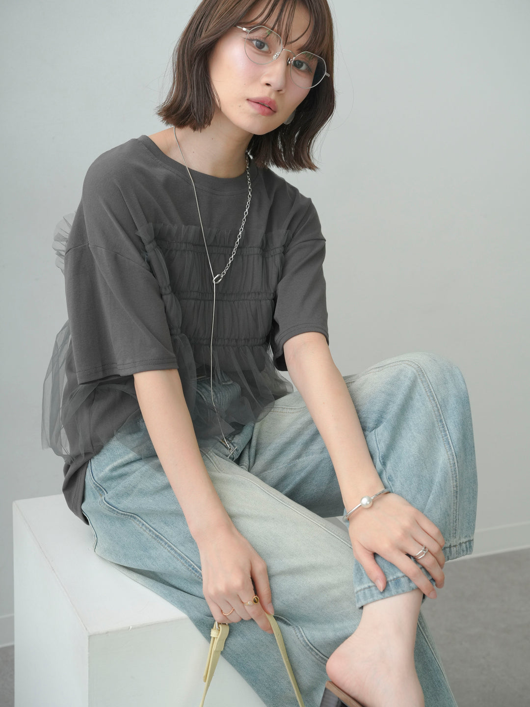 [SET]ギャザーチュールドッキングTEE+センターラインカーブクロップデニム(2set)